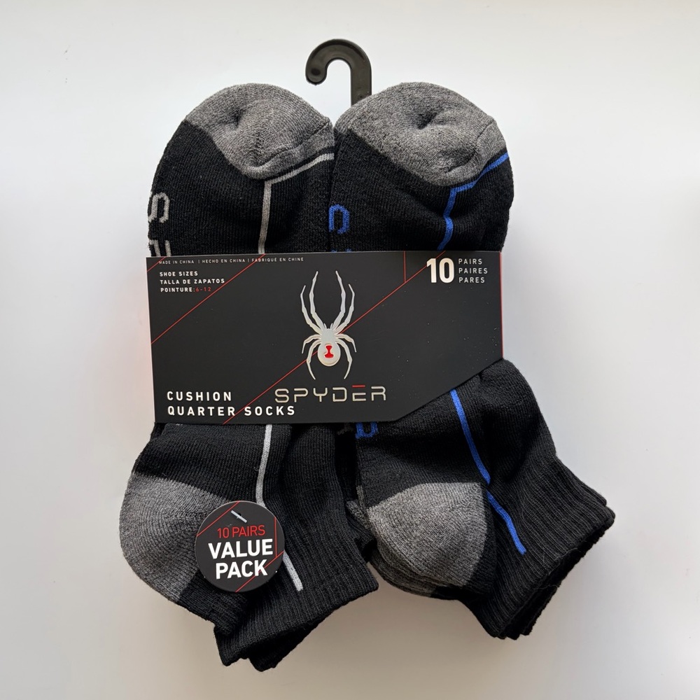 Spyder men’s quarter socks 10 pairs size 6-12 black gray blue